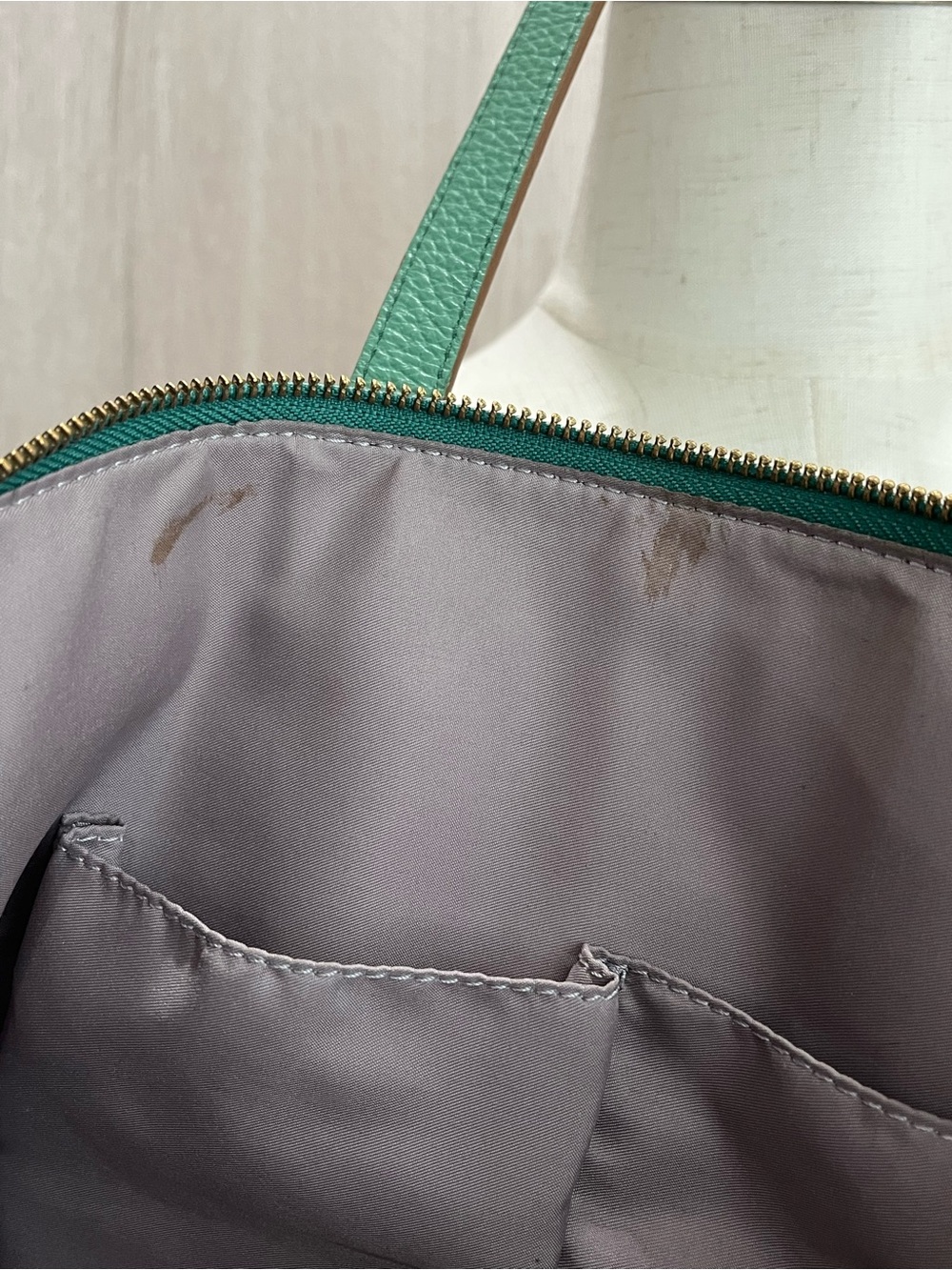 Fossil Green Pebbled Leather Tote Bag Large Zip Top Shoulder Purse - Picture 12 of 14
